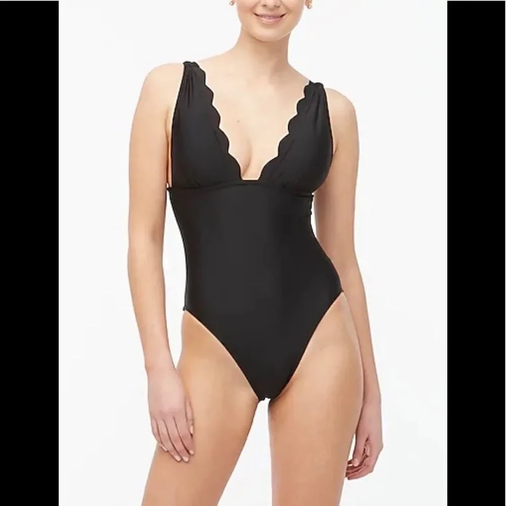 J. Crew Factory Swim One Piece Scalloped Full Coverage Swimsuit Size XL Black